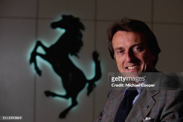 Portrait of Chief Executive Officer and Chairman of Ferrari, Luca Di Montezemolo in front of the Prancing Horse logo of Ferrari on 28th April 1999 at...