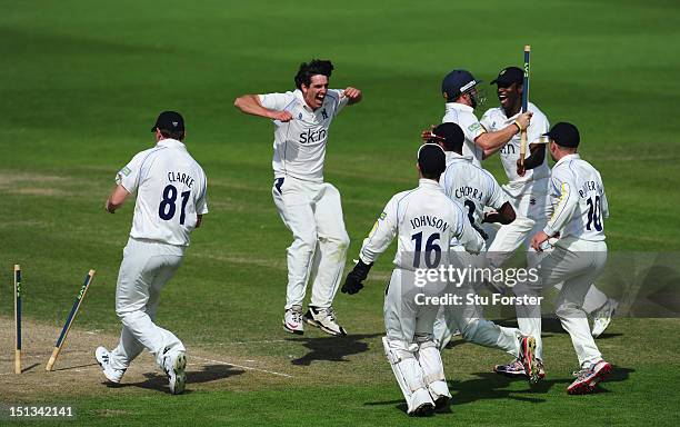 Warwickshire bowler Chris Wright celebrates after bowling Worcestershire batsman Alan Richardson to finnish off the innings and win the Championship...