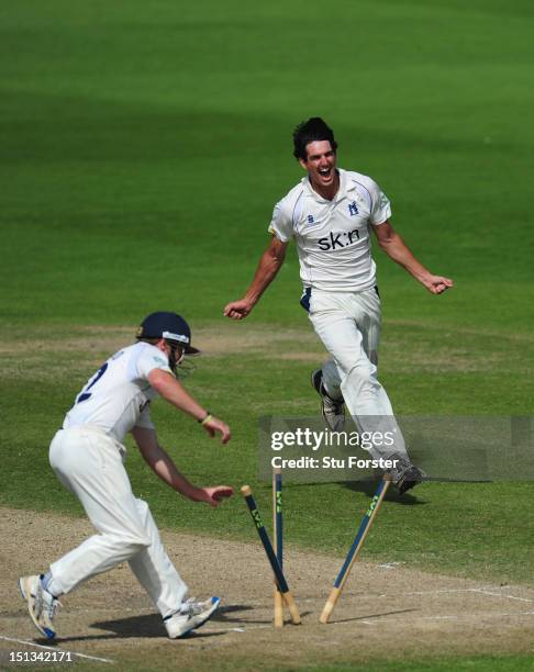 Warwickshire bowler Chris Wright celebrates after bowling Worcestershire batsman Alan Richardson to finnish off the innings and win the Championship...