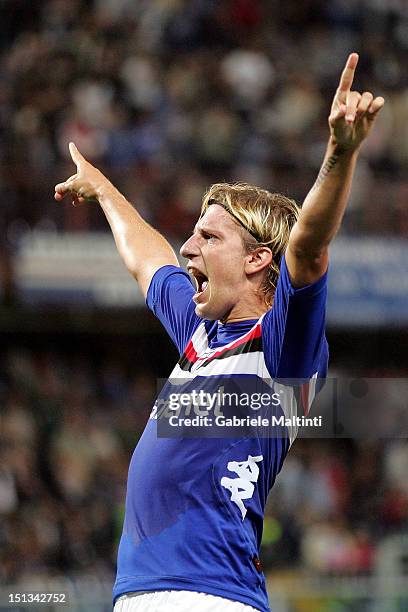 Maxi Lopez of UC Sampdoria in action during the Serie A match between UC Sampdoria and AC Siena at Stadio Luigi Ferraris on September 2, 2012 in...