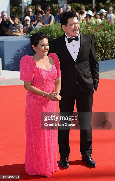 Actress Nora Aunor and director Brillante Mendoza attend the 'Thy Womb' Premiere during The 69th Venice Film Festival at the Palazzo del Cinema on...