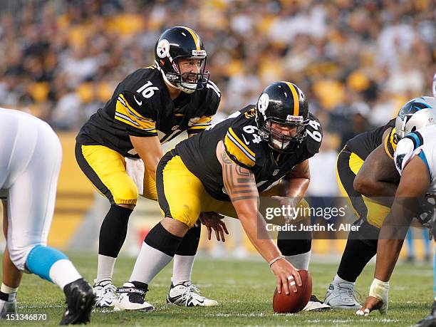 Doug Legursky of the Pittsburgh Steelers lines up against the Carolina Panthers during the preseason game on August 30, 2012 at Heinz Field in...