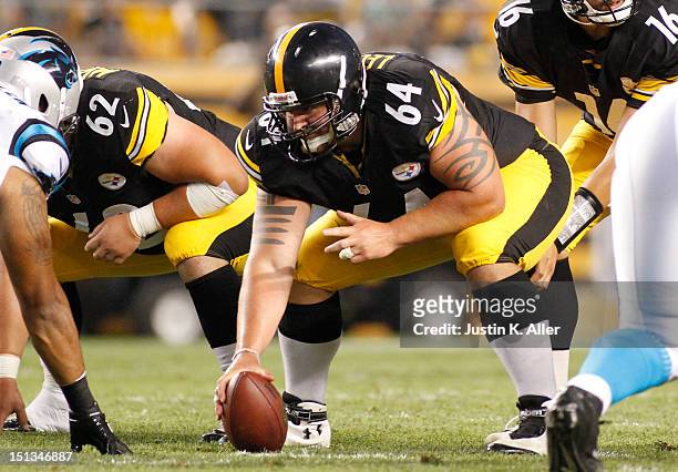 Doug Legursky of the Pittsburgh Steelers lines up against the Carolina Panthers during the preseason game on August 30, 2012 at Heinz Field in...