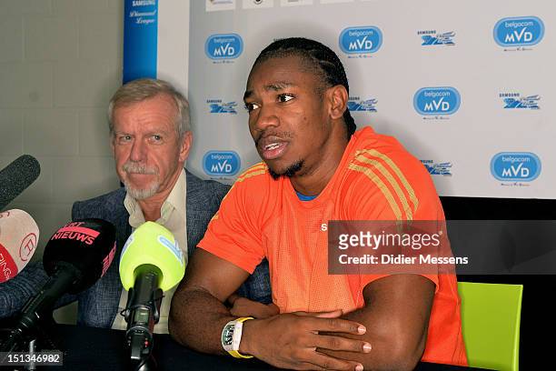 Yohan Blake of Jamaica talks during a press conference at the press lounge of the De Drie Fonteinen stadium as part of the IAAF Golden League...