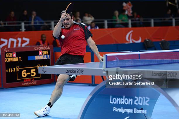 Thorsten Schwinn of Germany in action during the Men's Team Table Tennis - Classes 6-8 quarter-final match against Fabien Rignell of Sweden on Day 8...
