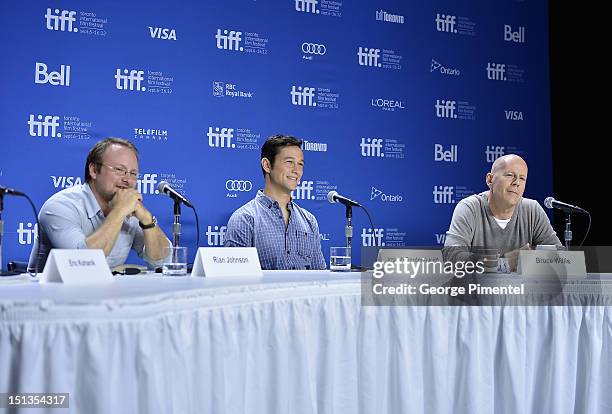 Director Rian Johnson, Actor/Producer Joseph Gordon-Levitt and actor Bruce Willis attend the "Looper" press conference during the 2012 Toronto...