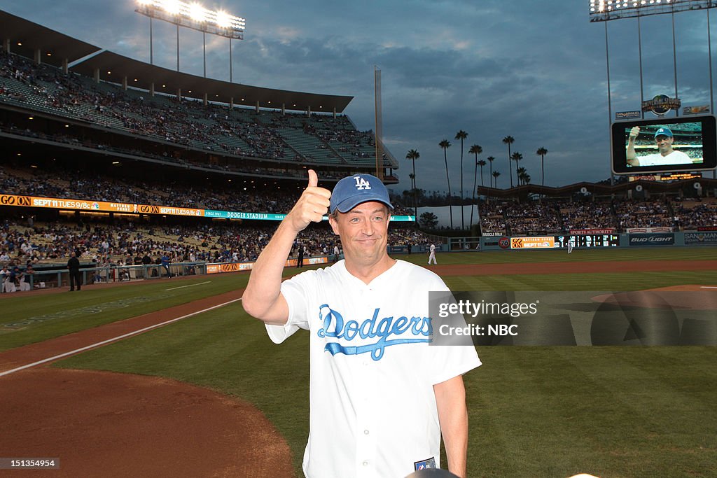NBCUniversal Events - Matthew Perry of "Go On" Throws Out First Pitch at Dodger Stadium