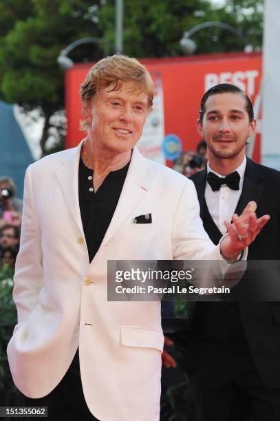 Director Robert Redford and actor Shia LaBeouf attend "The Company You Keep" Premiere at the 69th Venice Film Festival at the Palazzo del Cinema on...