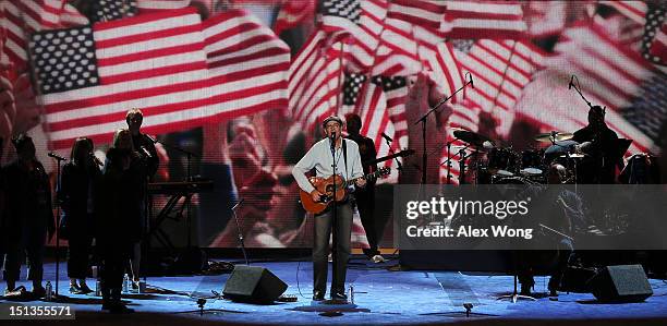 Musician James Taylor performs during a soundcheck during the final day of the Democratic National Convention at Time Warner Cable Arena on September...