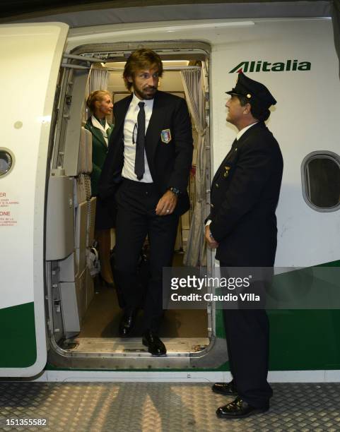 Andrea Pirlo of Italy arrives at Sofia International Airport Sofia ahead of their FIFA World Cup Brazil 2014 qualifier against Bulgaria on September...