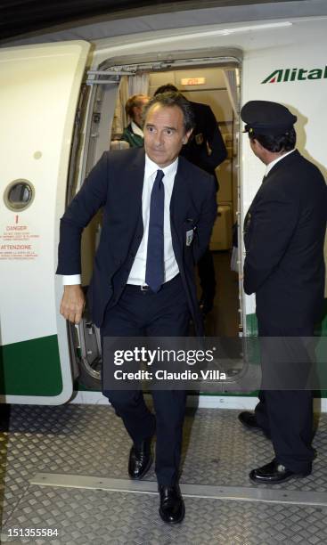 Italy head coach Cesare Prandelli arrives at Sofia International Airport Sofia ahead of their FIFA World Cup Brazil 2014 qualifier against Bulgaria...