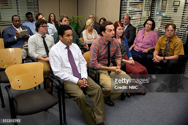 Workplace Bullying" Episode 901 -- Pictured: Back row Leslie David Baker as Stanley Hudson, Craig Robinson as Darryl Philbin, John Krasinski as John...