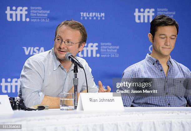 Writer/Director Rian Johnson and actor Joseph Gordon-Levitt speak onstage at the "Looper" press conference during the 2012 Toronto International Film...
