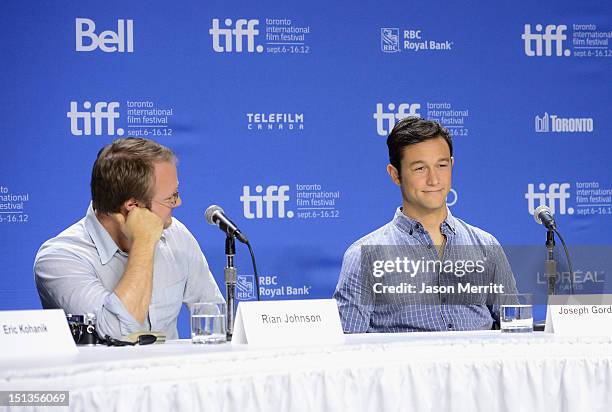 Writer/Director Rian Johnson and actor Joseph Gordon-Levitt speak onstage at the "Looper" press conference during the 2012 Toronto International Film...