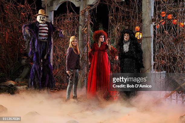 Disney Channel's "Girl Vs. Monster" stars Stefano Giulianetti as Scarecrow, Olivia Holt as Skyler Lewis, Tracy Dawson as Deimata and Anna Galvin as...