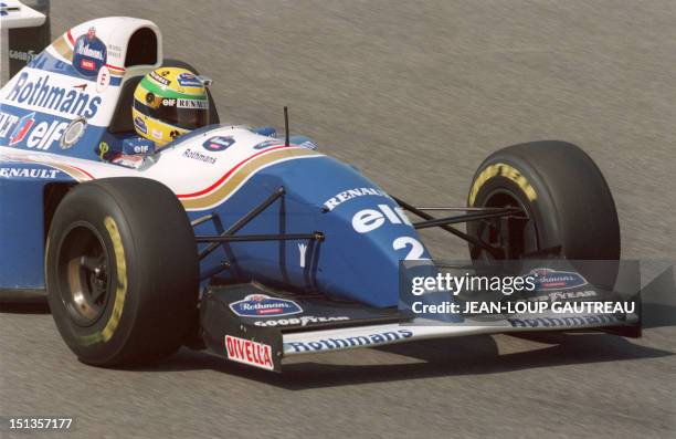 Brazilian Formula One driver Ayrton Senna steers his Williams-Renault just before his accident 01 May 1994 during the San Marino Grand Prix. Senna...