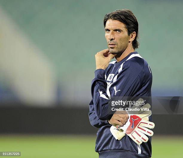 Gianluigi Buffon of Italy during a training session ahead of their FIFA World Cup Brazil 2014 qualifier against Bulgaria at Vasil Levski National...