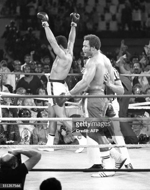 Le boxeur américain Mohamed Ali triomphe et devient champion du monde de boxe des poids lourds le 30 octobre 1974 à Kinshasa à l'issu du combat qui...