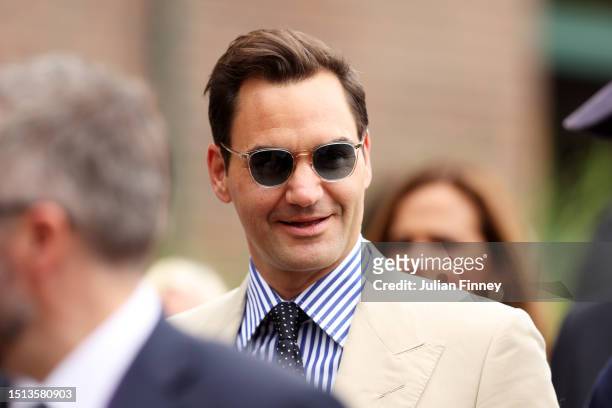 Former Wimbledon Champion, Roger Federer of Switzerland is seen during day two of The Championships Wimbledon 2023 at All England Lawn Tennis and...