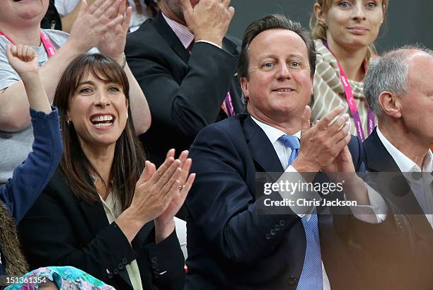 Samantha Cameron and David Cameron watch Great Britain play France during a Paralympic Wheelchair Rugby match on day 8 of the London 2012 Paralympic...