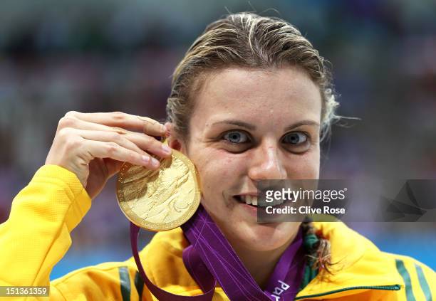 Gold medallist Jacqueline Freney of Australia poses following the medal ceremony for the Women's 400m Freestyle - S7 final on day 8 of the London...