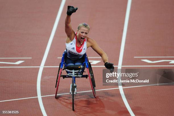 Hannah Cockroft of Great Britain competes in the Women's 200m - T34 Final on day 8 of the London 2012 Paralympic Games at Olympic Stadium on...