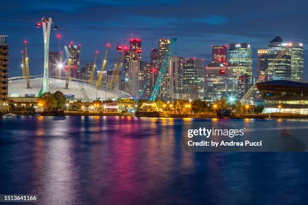 london skyline at sunset from royal victoria dock, london, united kingdom - ドッグランズ ストックフォトと画像