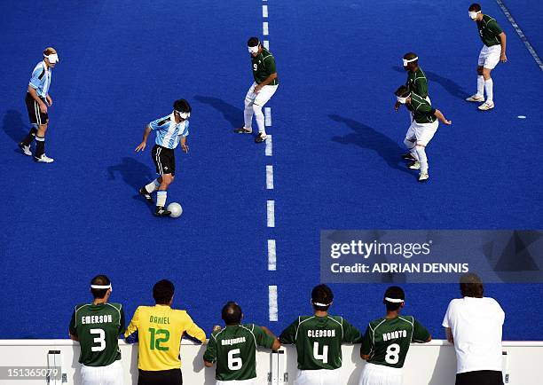 General view shows the men's 5-a-side football semi-final match between Argentina and Brazil at the London 2012 Paralympic Games at the Olympic Park...