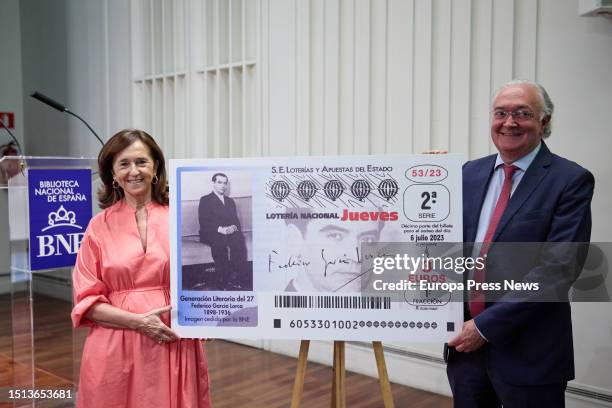 The director of the National Library of Spain, Ana Santos Aramburo, and the president of Loterias y Apuestas del Estado, Jesus Huerta Almendro,...