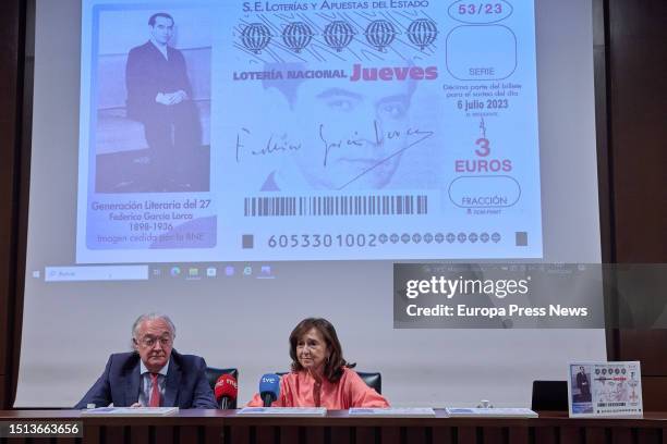 The director of the National Library of Spain, Ana Santos Aramburo, and the president of Loterias y Apuestas del Estado, Jesus Huerta Almendro,...