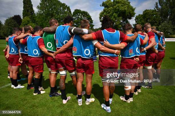 The England players huddle during a training session at The Lensbury on July 03, 2023 in Teddington, England.