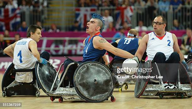 David Anthony of Great Britain celebrates winning a point during the Wheelchair Rugby Pool Phase Group A match between Great Britain and France on...