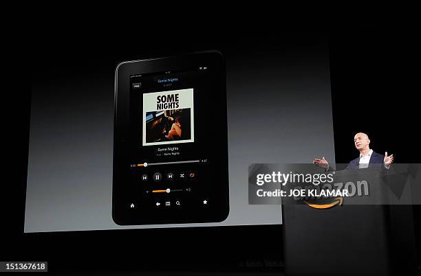 Jeff Bezos, CEO of AMAZON, introduces new Kindle Fire HD Family during the AMAZON press conference on September 06, 2012 in Santa Monica, California....