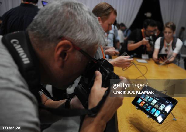 The new 7-inch new tablet Kindle Fire HD Family introduced by Jeff Bezos CEO of AMAZON during the AMAZON press conference on September 06, 2012 in...