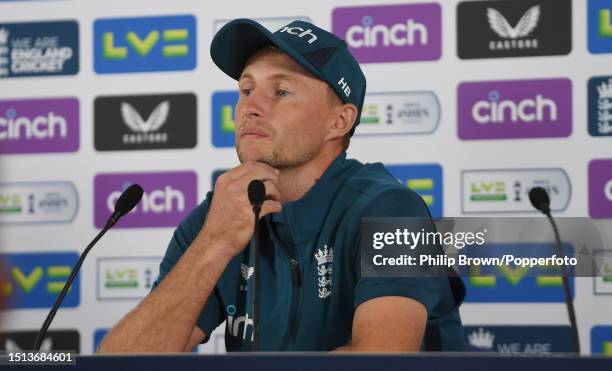 Joe Root of England faces the media in a press conference at Headingley on July 04, 2023 in Leeds, England.