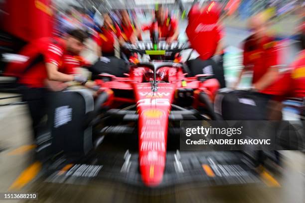 Ferrari's Monegasque driver Charles Leclerc drives during the third practice session ahead of the Formula One British Grand Prix at the Silverstone...