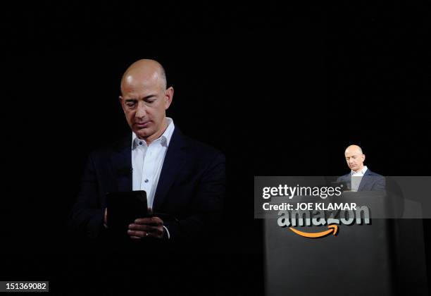 Jeff Bezos, CEO of AMAZON, introduces new Kindle Fire HD Family during the AMAZON press conference on September 06, 2012 in Santa Monica, California....