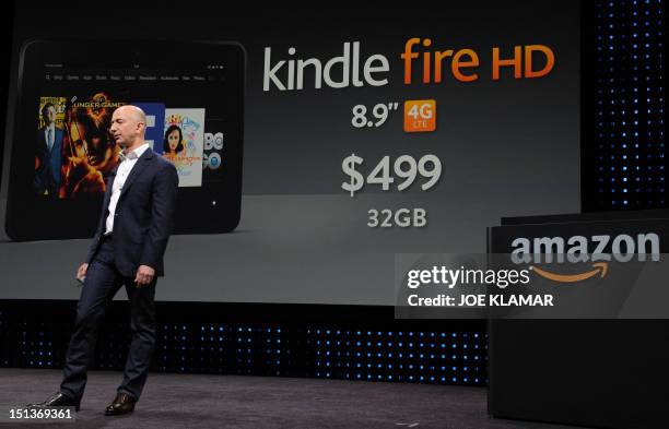 Jeff Bezos, CEO of AMAZON, introduces new Kindle Fire HD Family during the AMAZON press conference on September 06, 2012 in Santa Monica, California....