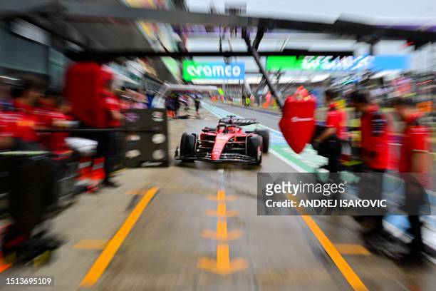 Ferrari's Monegasque driver Charles Leclerc drives during the third practice session ahead of the Formula One British Grand Prix at the Silverstone...