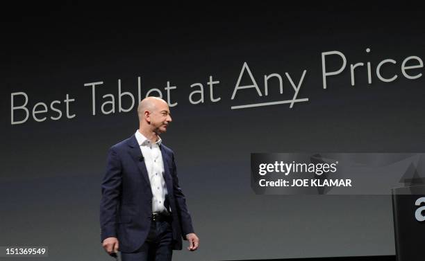 Jeff Bezos, CEO of AMAZON, introduces new Kindle Fire HD Family and Kindle Paper white during the AMAZON press conference on September 06, 2012 in...