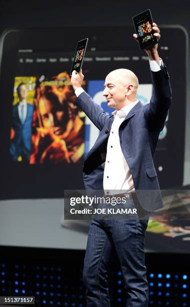 Jeff Bezos, CEO of AMAZON, introduces new Kindle Fire HD Family and Kindle Paper white during the AMAZON press conference on September 06, 2012 in...