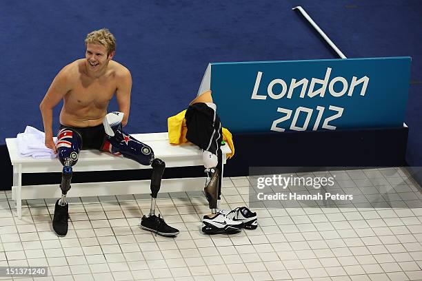 Cameron Leslie of New Zealand relaxes after competing in the Men's 50m Backstroke - S5 final on day 8 of the London 2012 Paralympic Games at Aquatics...