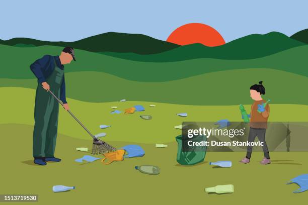 environmentally friendly cleaning of nature - children recycling stock illustrations