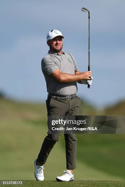 Graeme McDowell of Northern Ireland plays his second onto the 9th hole during The Open Final Qualifying at The West Lancashire Golf Club on July 04,...