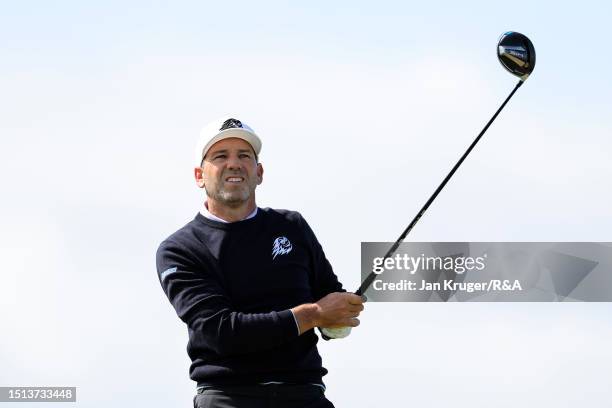 Sergio Garcia of Spain tees off on the 2nd during The Open Final Qualifying at The West Lancashire Golf Club on July 04, 2023 in Liverpool, England.