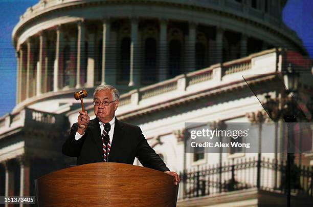 Rep. Barney Frank holds the gavel as he speaks on stage during the final day of the Democratic National Convention at Time Warner Cable Arena on...