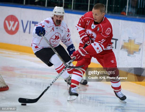 Dave Babych of Canada and Igor Larionov of USSR during the friendly match between Canada Team and USSR Team during the 40th anniversary of Summit...