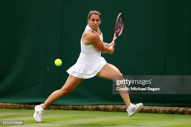 Emma Navarro of United States plays a backhand against Ekaterina Alexandrova in the Women's Singles first round match during day two of The...