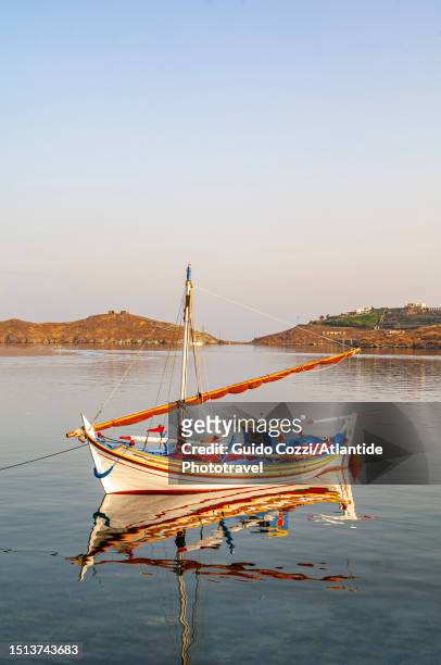 greece, kea island, fishing boat at vourkari - kea stock pictures, royalty-free photos & images