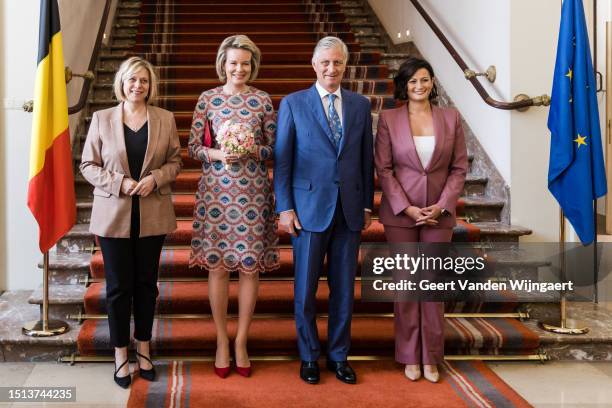 King Philip Of Belgium and Queen Mathilde pose with the chairwoman of the Belgian Senate Stephanie D'Hose and the chairwoman of the Belgian Chamber...